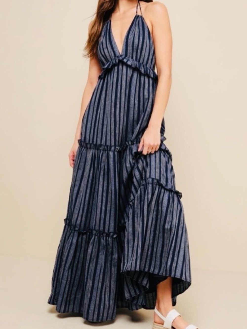 Lulu's Cotton Navy & Blue Striped Halter Tiered Ruffled No Back Maxi Dress NWOT